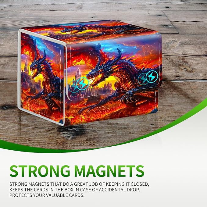 Card Deck Box for MTG, Cards Storage Box Fits 120+ Sleeved, Leather Small Size Strong Magnetic Closing Card Case for Board Games Magic TCG CCG Baseball Collection, Castle Flaming Dragon