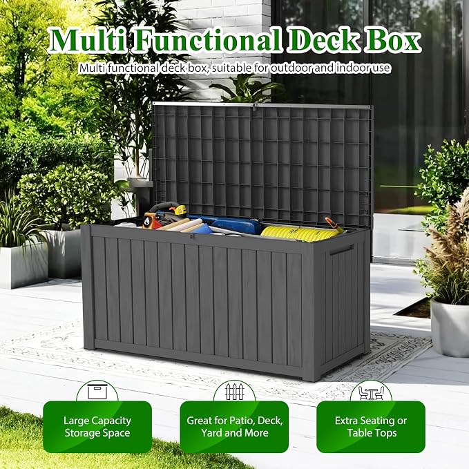 180 Gallon Outdoor Storage Box, Resin Deck Box Lockable Waterproof for Patio Furniture Cushions, Garden Tools, UV Resistant Outside Storage Bin（Black）