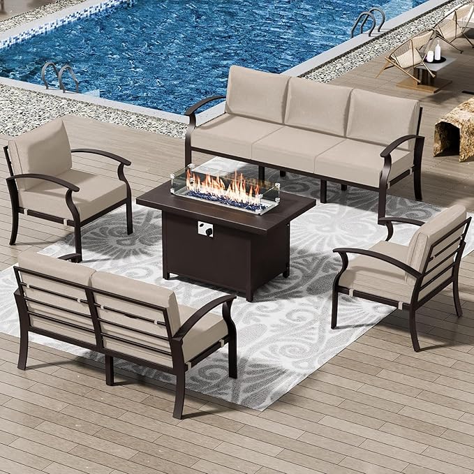 Patio Furniture Set 5-Piece Aluminum Armrest Sofa, Modern Outdoor Living Room Set with 55000 BTU Propane Aluminum Fireplace, Outdoor Rotary Joystick with Thick Cushion