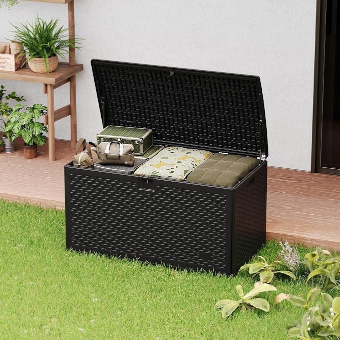 Jojoka 73 Gallon Lockable Resin Deck Box – Waterproof & UV-Resistant Outdoor Storage Bench – Rattan Style, Weatherproof, Side Handles – Patio Cushions, Garden Tools, Pool Accessories – Black, Webbing