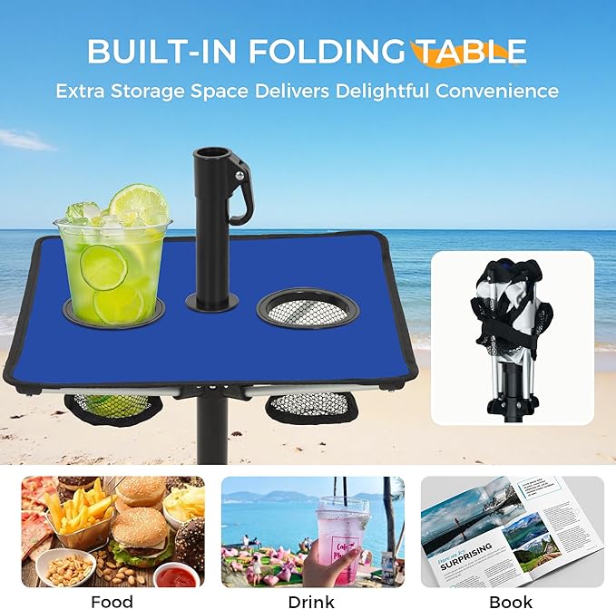 HOMEDEMO 8FT Large Beach Umbrella with Weight Bag & Sand Anchor, Outdoor Umbrellas with Adjustable Aluminum Pole and Table, Heavy Duty Windproof & UPF 50+
