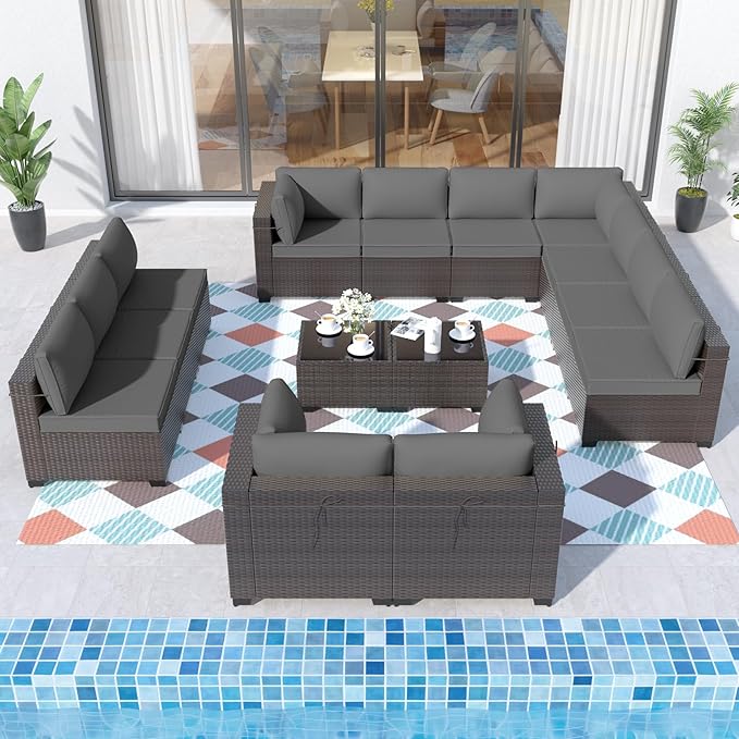 ALAULM 14 Pieces Patio Furniture Set Wicker Patio Conversation Set, Outdoor Sectional Furniture w/Coffee Table & Washable Seat Cushions-Grey