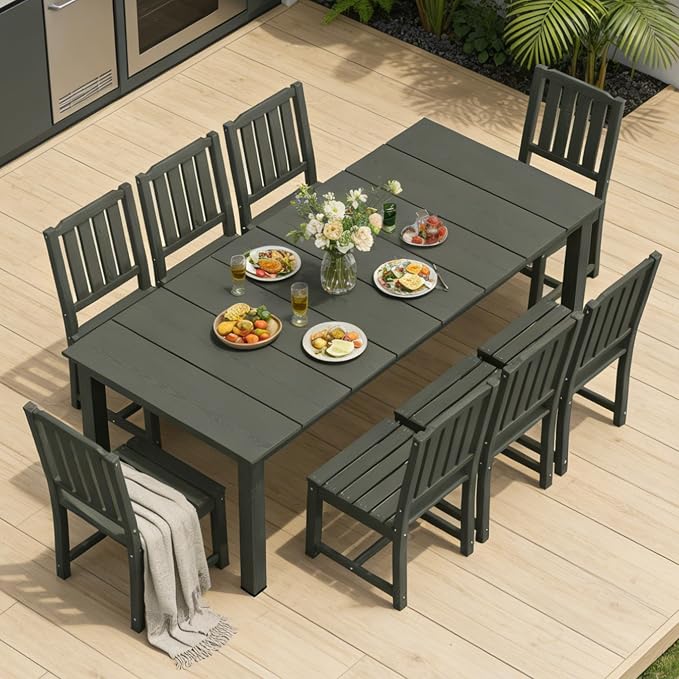 PLUUV Outdoor Dining Set for 8 Person, HDPE Large Table with Aluminum Legs and 8 Armless Chairs, All-Weather Patio Dining Furniture Set with Umbrella Hole for Backyard, Garden, Grey