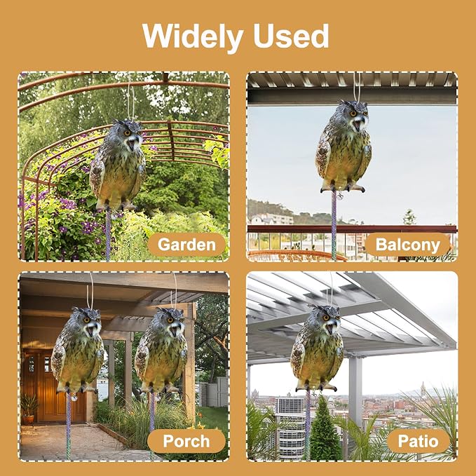 Owl to Keep Pigeons Away, 2Pcs Flat Plastic Owl to Scare Woodpecker from House, Fake Owls to Scare Pigeon Squirrels, Hanging Garden Owls with Reflective Tape for Porch Patio Window Yard Balcony Roof