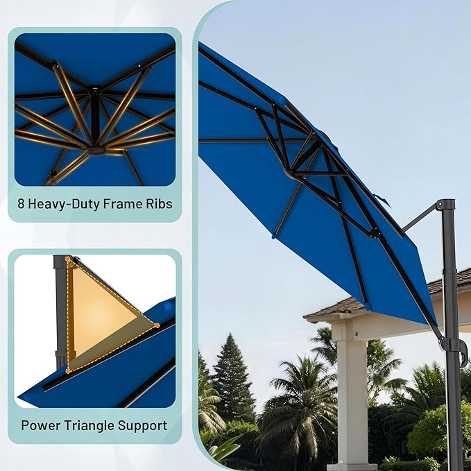 AreShark 11FT Round Cantilever Patio Umbrella with Base Included, 360° Rotation Offset Outdoor Umbrella, 5 Tilt Settings Heavy Duty Hanging Parasol for Deck Garden Pool, Royal Blue