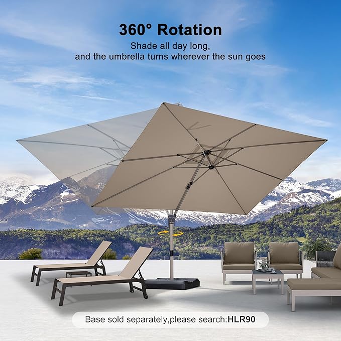 PURPLE LEAF 9' X 11' Patio Umbrella, Rectangle Outdoor Cantilever Umbrella, Aluminum Offset Umbrella with Champagne Frame and 360° Rotation for Pool Deck Garden, Taupe