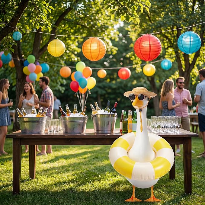 Porch Goose Summer Outfit 3PCS Set, Straw Hat, Swim Ring, Sunglasses | 17/23 Inch Plastic Concrete Cement Lawn Goose Statue, Hawaiian Geese Costume for Garden Outdoor Yard Patio Decor