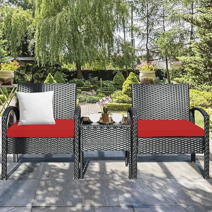 Tangkula 3 PCS Patio Conversation Set, Outdoor Rattan Sofa Set with Seat Cushions & Coffee Table, Patio Wicker Furniture Set for Garden Balcony Backyard Poolside (Red)