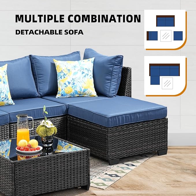 5 Pieces Patio Furniture Set,Wicker PE Rattan Outdoor Sectional with Cushion & Coffee Table, Patio Conversation Sofa for Garden, Backyard, Poolside, Navy