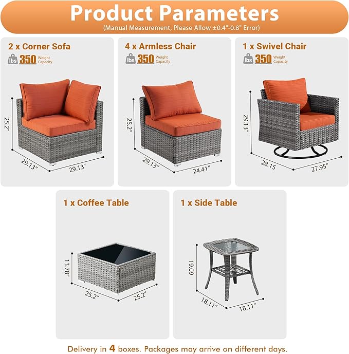 9 PCS Outdoor Patio Furniture Sets with Wicker Rocking Chair,Wicker Weather Resistant Patio Conversation Set with Comfy Cushions,Modular L Shaped Sofa with Coffee Table for Yard,Orange Red