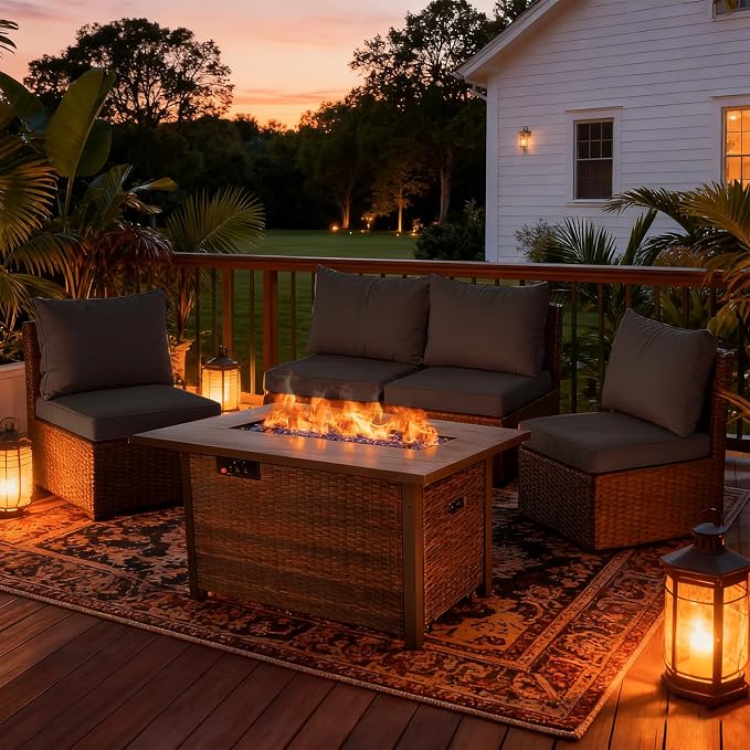 5 Pieces Patio Furniture Set with 42" Fire Pit Table, Outdoor Patio Sectional Sofa, Wicker Rattan Conversation Set, Black