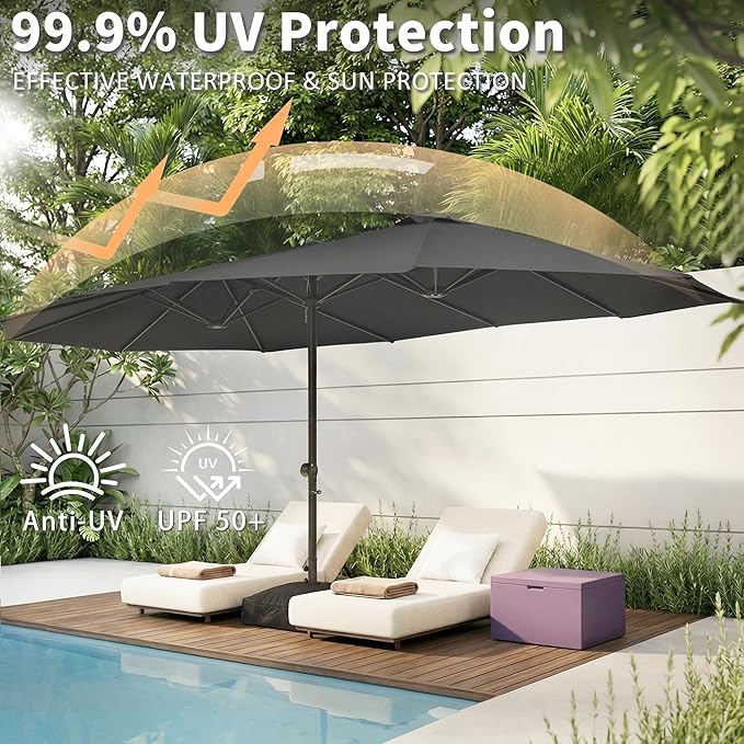 15FT Large Double Sided Patio Umbrella, Aluminum Crank and Heavy Duty Carbon Steel Ribs Outdoor Umbrellas, Fade Resistant Rectangular Market Umbrella for Poolside, Deck, Commercial, Backyard, Patio, Rental, Lawn, Dark Gray