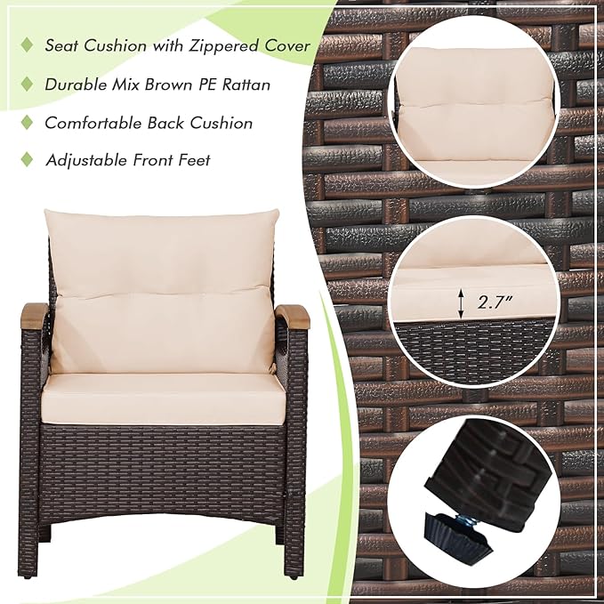 Tangkula 3-Piece Patio Furniture Set, Patiojoy Outdoor Rattan Sofa Set with Coffee Table, Patio Conversation Set with Removable Cushion, Cozy Acacia Wood Armrests for Backyard, Poolside (Beige)