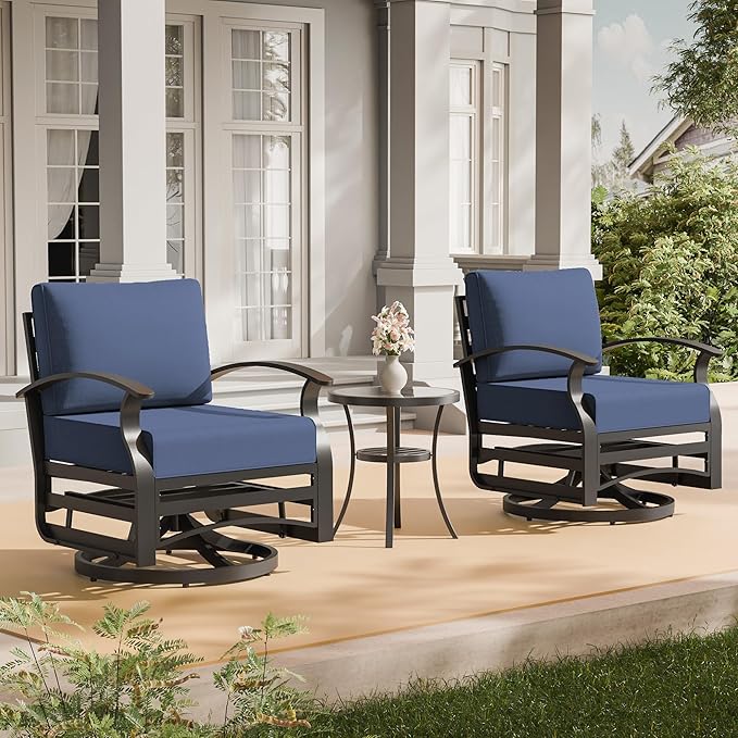 3 Piece Aluminum Swivel Rocking Chair Set, Outdoor Patio Swivel Gliders Chair with Glass Top Coffee Table, Conversation Furniture Set Suitable for Patio, Lawn, Outdoor, Back Garden(Dark Blue)