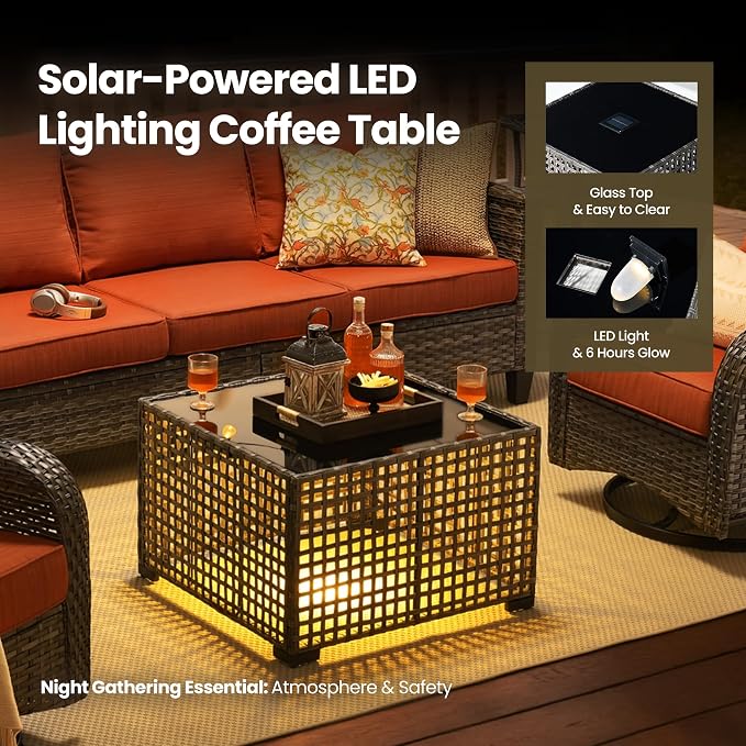10 Piece Wicker Patio Furniture Set with Firepit, Orange | High Back Swivel Rocker Chairs, 54-inch Fire Pit, Outdoor Sofa Ottoman Solar Lights Table, Conversation Sets, Deck Backyard