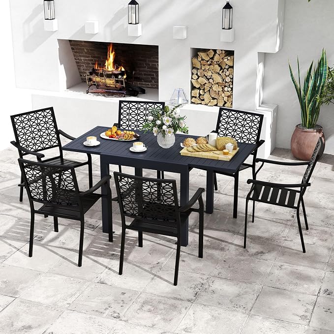 Tangkula 7 Pieces Outdoor Dining Set for 6 with Expandable Table, Patio Aluminum Rectangular Slatted Tabletop Table and Stackable Armchairs, for Deck, Garden, Backyard and Poolside