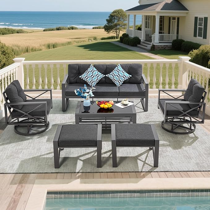 6 Pieces Metal Patio Furniture Set, Outdoor Seating Furniture with Swivel Chairs and Ottoman Ideal for Indoor Porch Deck Bistro Lawn Garden Backyard Poolside-Grey