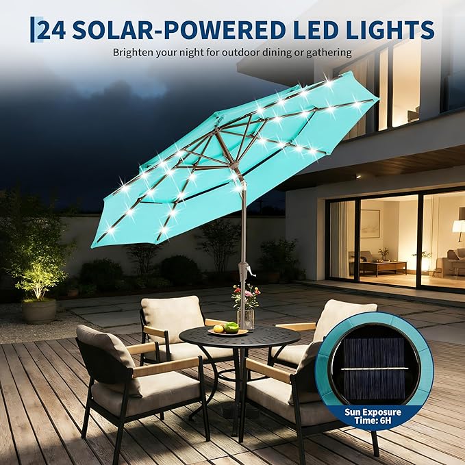 Garvee 9ft 10ft Patio Umbrella with Solar Lights, 3-Tier Umbrella Outdoor Patio with LED Lights, Ventilation, Easy Crank & Tilt, 8 Sturdy Ribs, UV Protection, Large Patio Umbrella for Deck, Pool