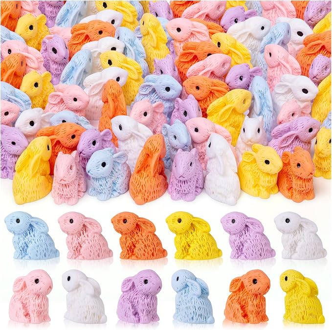 120PCS Miniature Resin Rabbit Easter Bunny Figurines for Easter Egg Fillers | 6 Colors Cute Tiny Bunnies Rabbits Animals, Fairy Garden Dollhouse Cake Home Decor Hidden Game
