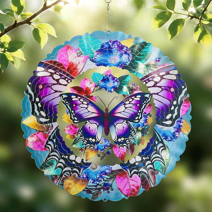 Butterfly Wind Spinners Outdoor, 12 Inch Laser-Cut Stainless Steel Metal Wind Spinners, 3D Kinetic Hanging Sculpture, Metal Yard Art, Garden Decor, Butterfly Gifts for Women, Men, Mom, Grandma