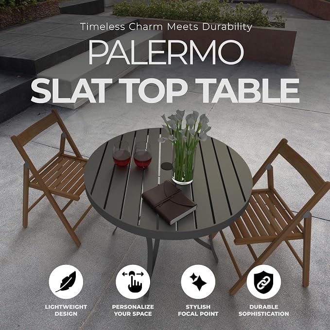 Four Seasons Courtyard Palermo Aluminum Slat Top Dining Table with Umbrella Hole and C Spring for Kitchen and Dining Room Tables, Gray