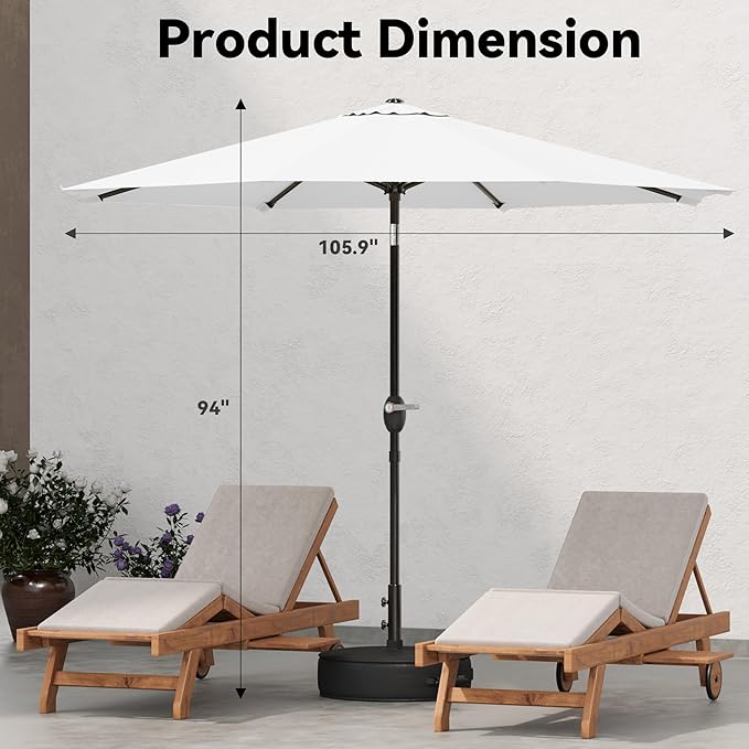 Greesum Outdoor Patio Umbrella with Base, Table Umbrella with 8 Sturdy Ribs, Push Button Tilt and Crank, Market Table Parasol for Garden, Lawn, Backyard & Pool, White
