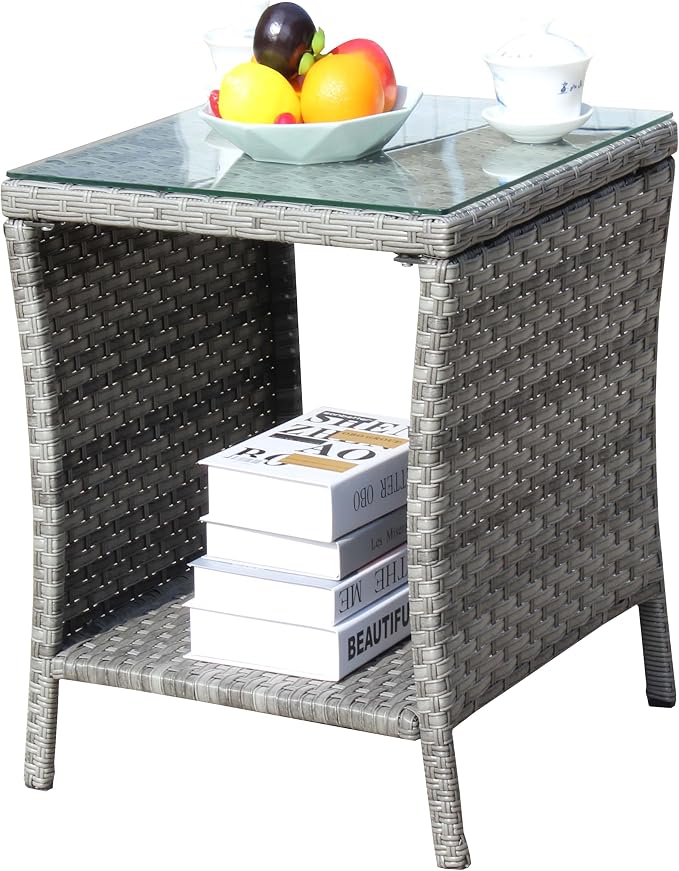 Outdoor Wicker Side Table, 19.25" Square Patio End Table with Tempered Glass Top & Storage Shelf, All-Weather Grey Rattan Coffee Table for Patio, Porch, Backyard, Poolside, Indoor & Outdoor Use