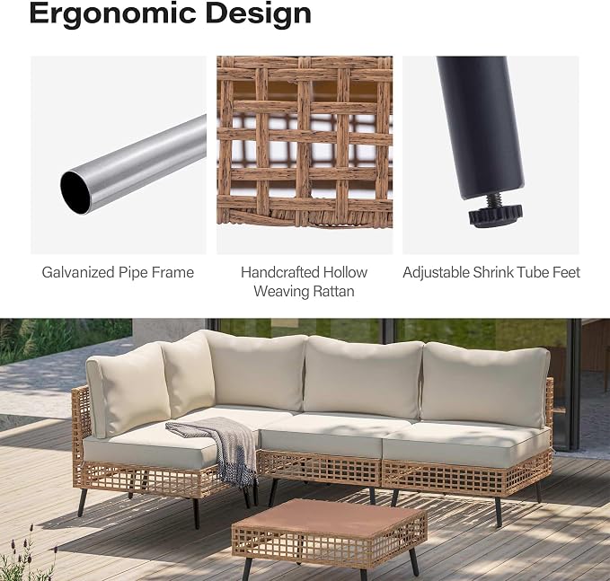 LAUSAINT HOME Outdoor 5 Pieces PE Wicker Patio Conversation Set, All-Weather Rattan Sectional Sofa with Thick Cushions & Coffee Table for Garden, Yard and Balcony (Beige)
