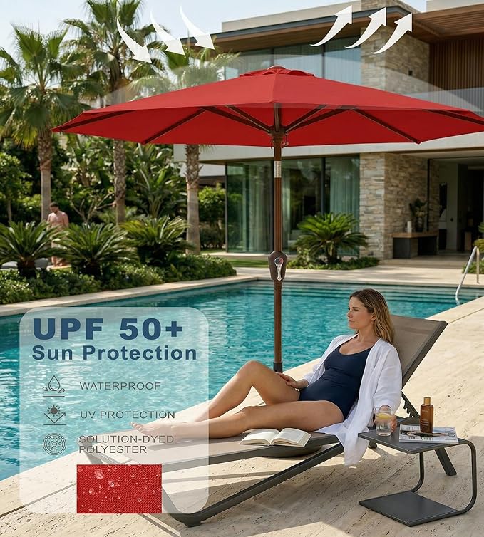 PatioKingdom 10FT Patio Umbrella with Push Button Tilt and Crank, Outdoor Market Umbrella with 8 Fiberglass Ribs, UV Protection Table Umbrella for Pool,Backyard,Garden,Deck