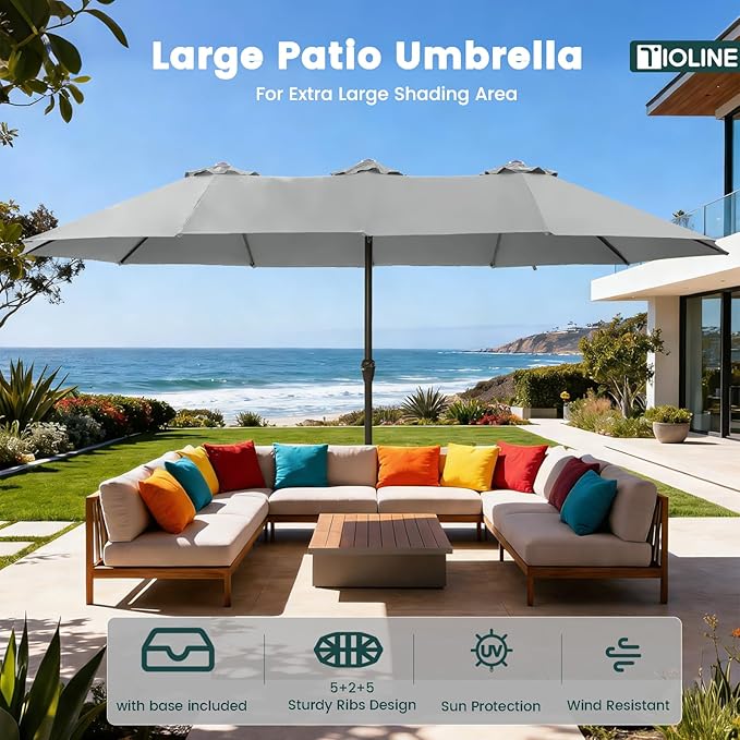 15FT Large Patio Umbrellas with Base Included, Outdoor Double-Sided Rectangle Big Market Umbrella with Stand, Outside Umbrellas for Poolside Lawn Backyard,Light Gray
