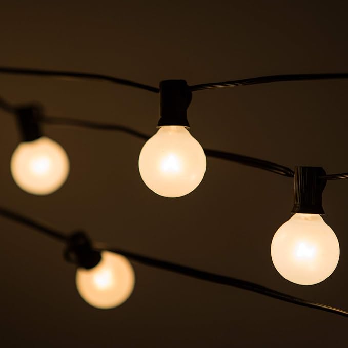 G40 White Pearl Outdoor Patio Globe String Lights (100 Foot - Green Wire) | G40 Frosted White Pearl 1.6" Bulbs