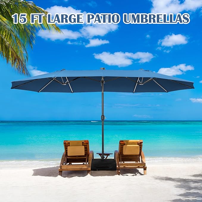 Sundale Outdoor Solar 144 LED 15 ft Patio Umbrella with Sandbag Base Included and Cover, Outdoor Double-Sided Umbrella with Lights