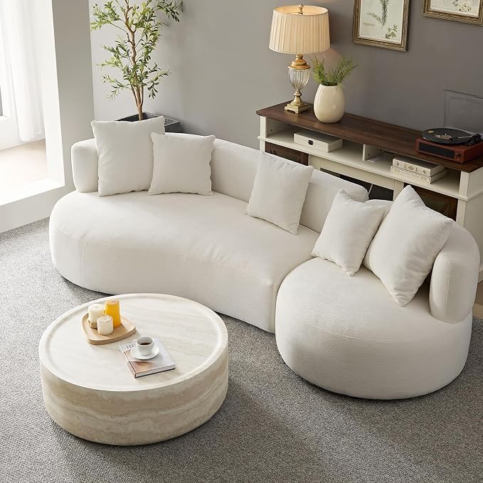 Modern Round Coffee Table End Table Set of 2 Faux Travertine Marble Pattern Circle Coffee Tables Side Table Set for Living Room Apartment No Need Assembly (Fiberglass 2piece)