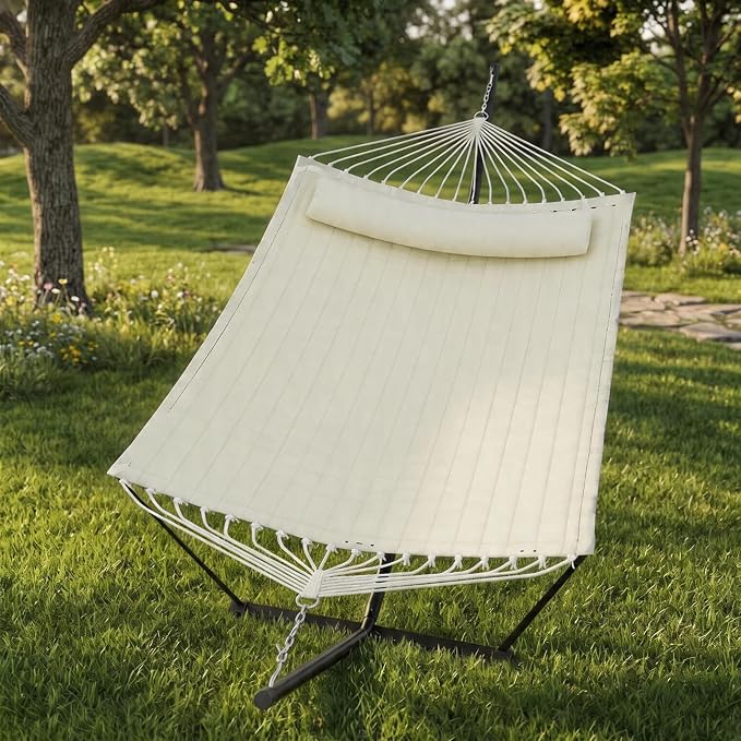 Double Hammock with Stand, Beige Portable 2 Person Hammock with Curved Spreader Bar & Balance Ropes, Heavy Duty Steel Frame, Quilted Fabric Hammock Bed with Pillow for Outdoor Patio Backyard Camping
