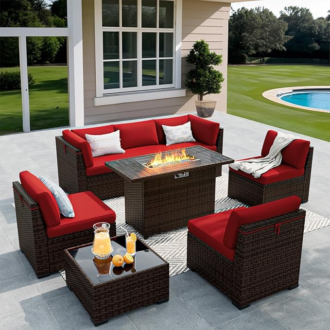 8 Pieces Outdoor Patio Furniture Set with 44" Fire Pit Table Rattan Sectional Conversation Sets w/Gas Fire Pit, Coffee Table, 1 Waterproof Covers, Wine red
