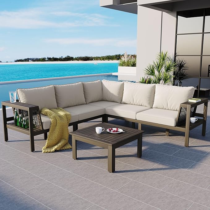 Merax 4 Pieces Patio Furniture Set, Outdoor L-Shaped Sectional Sofa Set with Coffee Table, Acacia Wood Conversation Seating & Thick Cushions and Side Table, for Garden, Poolside and Backyard, Beige