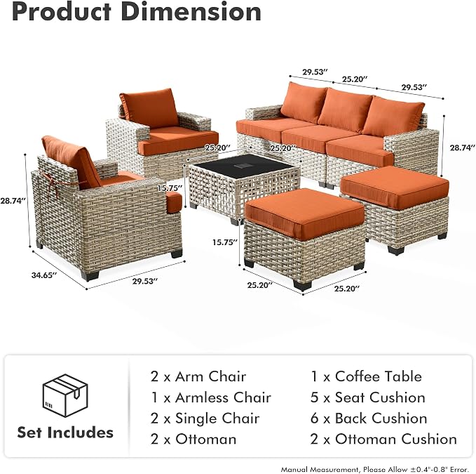 8 Pcs Outdoor Sectional Patio Furniture Set with Ottomans - All Weather Wicker Modular Outside Sectional Couch,Patio Seating Outdoor Conversation Sets for Deck Yard Garden,Orange Red
