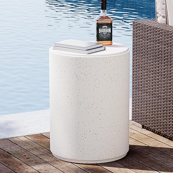 SUNBURY Outdoor Concrete Side Table, 20" H Outdoor End Tables, Cement Accent Table for Patio, Round Modern Garden Small Garden Stool for Patio, Backyard, Spotted White