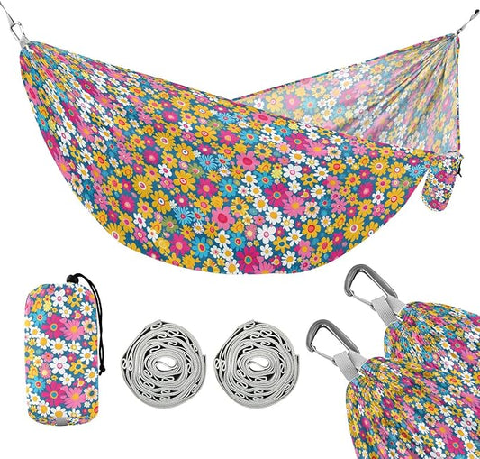 Camping Hammock Outdoor Hammocks for Outside Bright Retro Groovy Floral Beach Trees Portable Lightweight with Pockets Tree Straps Indoor