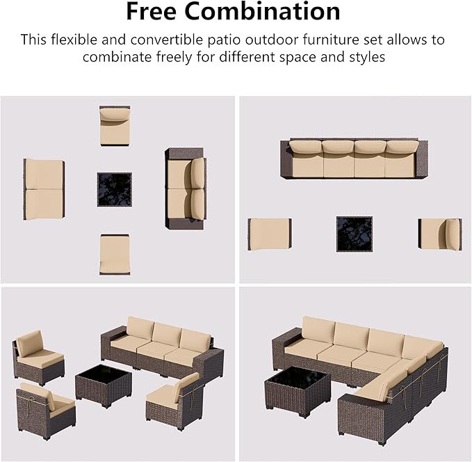 Patio Furniture Set Sofa 7-pcs Wicker Sectional Sofa Set,Outdoor Furniture Rattan Patio Conversation Sets with Seat Cushions and Tempered Glass Coffee Table