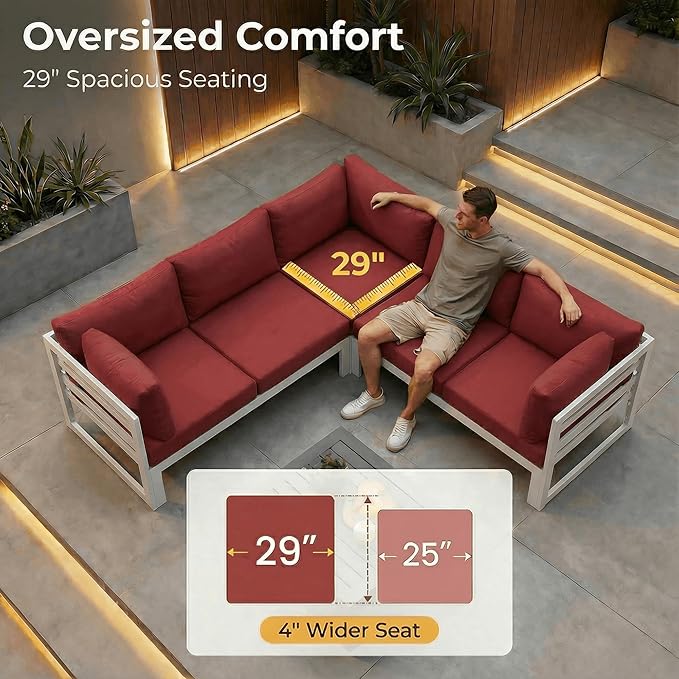 NICESOUL 5 People Large Luxury Aluminum Patio Conversation Set with Fire Pit Table Propane/Gas, 29" Deep Wide L Shaped Sectional Couch, 500 lbs Heavy Duty All Weather Outdoor Sofa for Backyard, Red