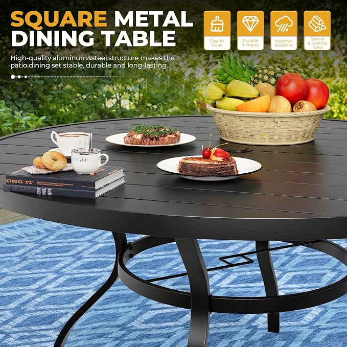 Incbruce 8 PCS Patio Dining Set with Sky Blue Umbrella, Outdoor Dining Set of 6 Textilene Chairs and 53" Round Table with Umbrella Hole for Backyard, Garden, and Poolside (Black)