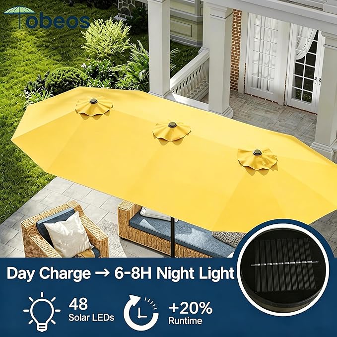 15ft Large Patio Umbrella with Solar Lights and Base, Double-Sided Outdoor Rectangle Umbrella with 48 LED Lights, Market Table Umbrellas with UV Resistant Canopy