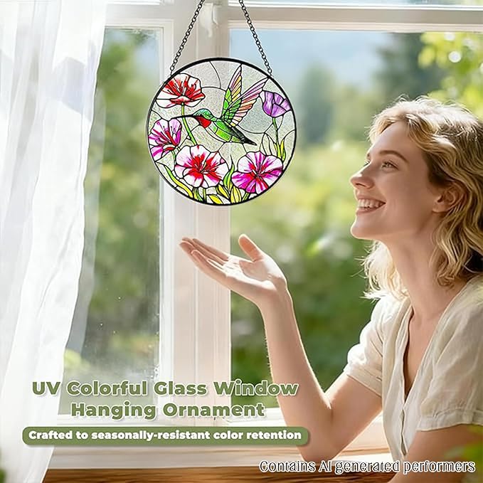 Hummingbirds Suncatcher Stained Glass, Hummingbird Suncatcher Ornament, Hummingbird Suncatcher for Grandma/Mom/Women (Red Flower Bird)