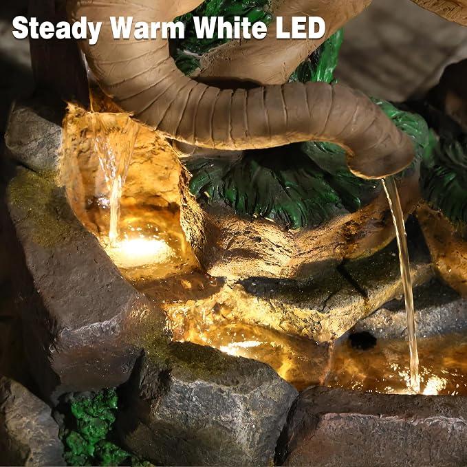 Elephant Side Table with Glass Top & Waterfall Base Patio End Table with Animal Fountain Feature 21.9" Tall Warm White LED Weatherproof Resin for Garden Living Room Home Office