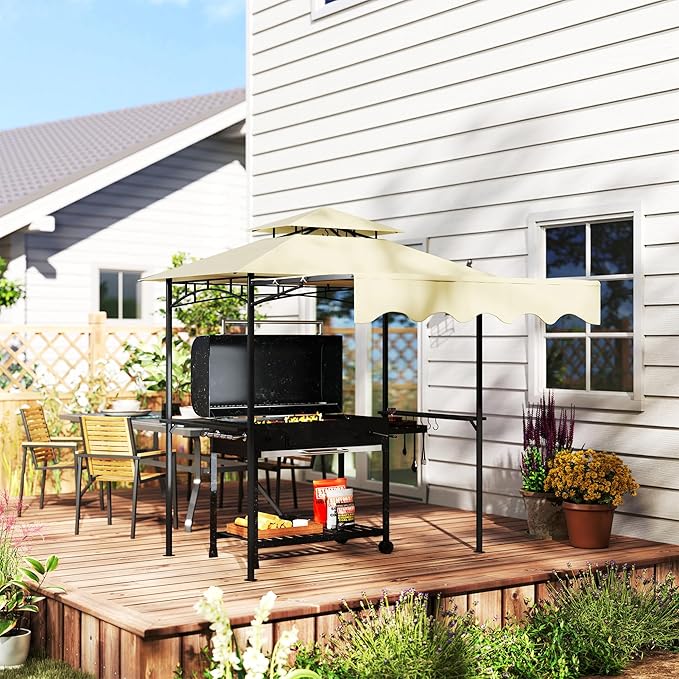 Outsunny 8' x 7.6' Grill Gazebo, Double Tiered Outdoor BBQ Gazebo with Side Awning, 2 Side Shelves and 6 Hooks for Patio, Deck, Yard, Beige