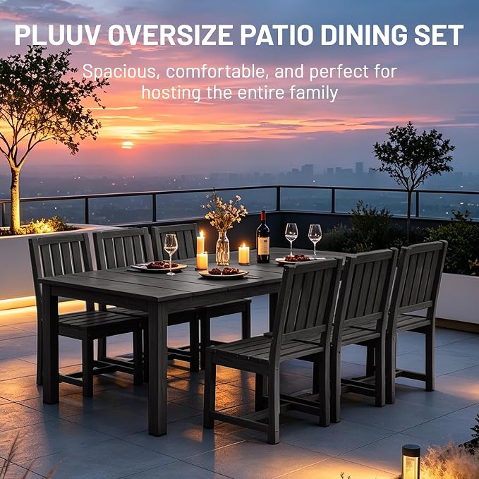PLUUV 7-Piece Outdoor Dining Set – HDPE Patio Furniture with Umbrella Hole Table, Aluminum Legs, and 6 Armless Chairs, Weatherproof & Easy-Clean for Backyard, Garden, Grey