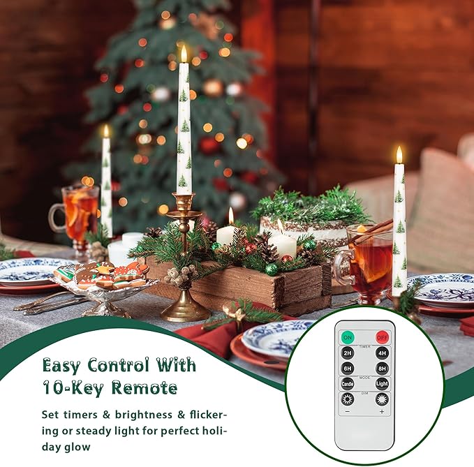 Flameless Taper Candles with Remote, Real Wax Christmas Tree Taper Candles Battery Operated, 9.6" Flickering Xmas LED Candlesticks for Home, Party, Holiday Decor