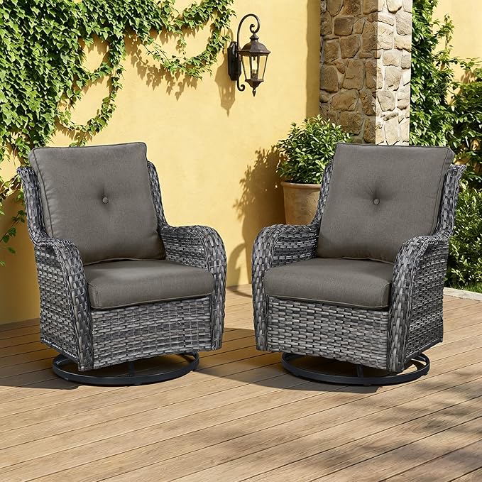 Outdoor Swivel Rocker Patio Chairs-Wicker Patio Swivel Chairs Set of 2 PE Rattan Patio Furniture for Porch Deck Balcony Garden-Grey/Grey