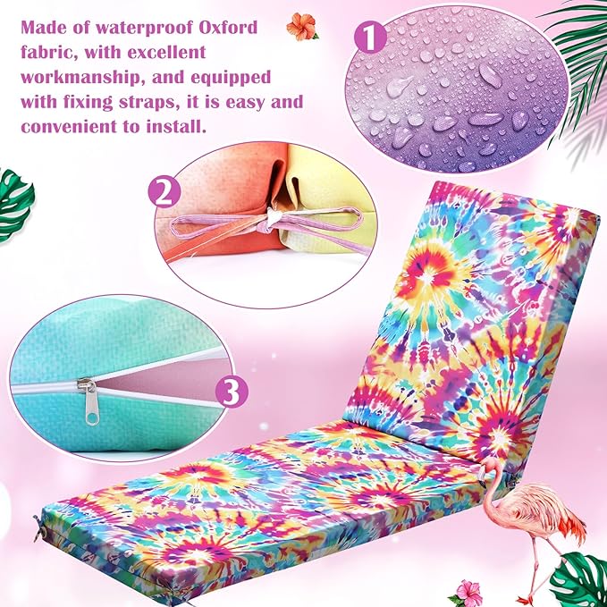 2 Pack Chaise Lounge Cushion Covers Outdoor (Not Includes Cushions) Waterproof Chair Cushion Replacement Covers 72 x 21 x 3 Inch for Patio Pool Lawn Slipcover with Ties(Tie-dye)